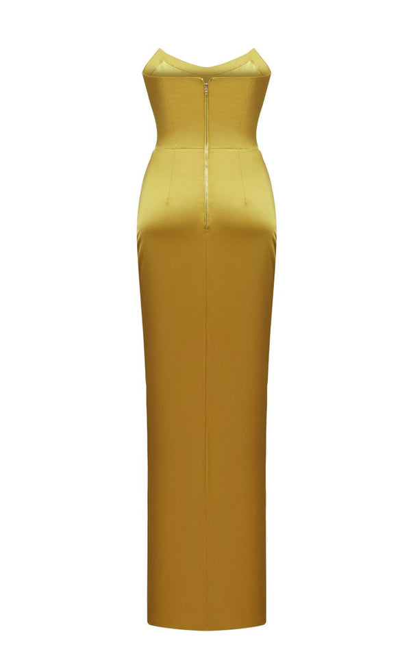 RS22P007X150 Satin corset maxi dress with draped skirt